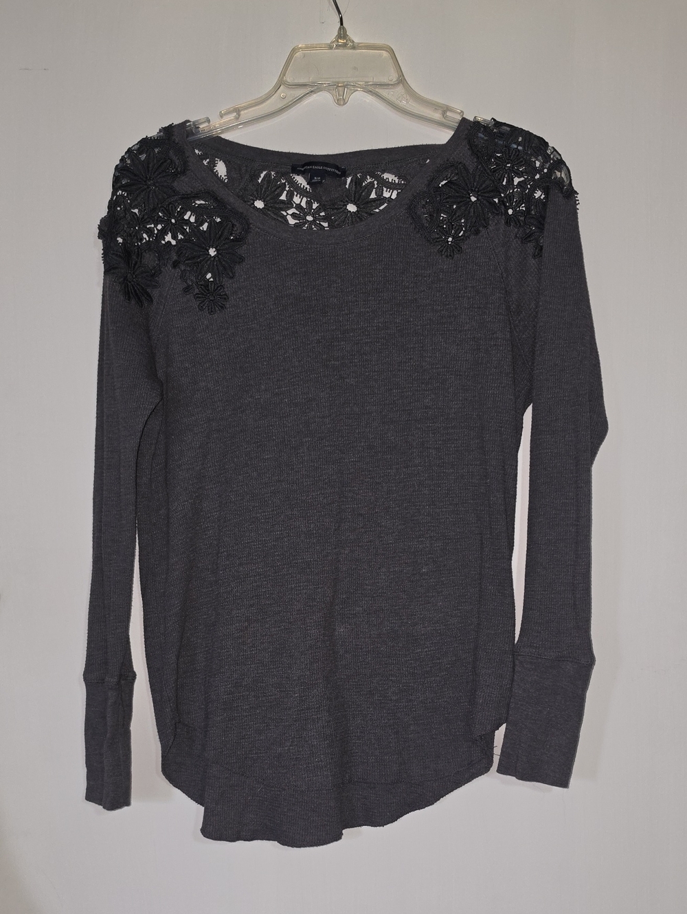American Eagle Outfitters Dark Gray Long-Sleeve Top with Lace Shoulders